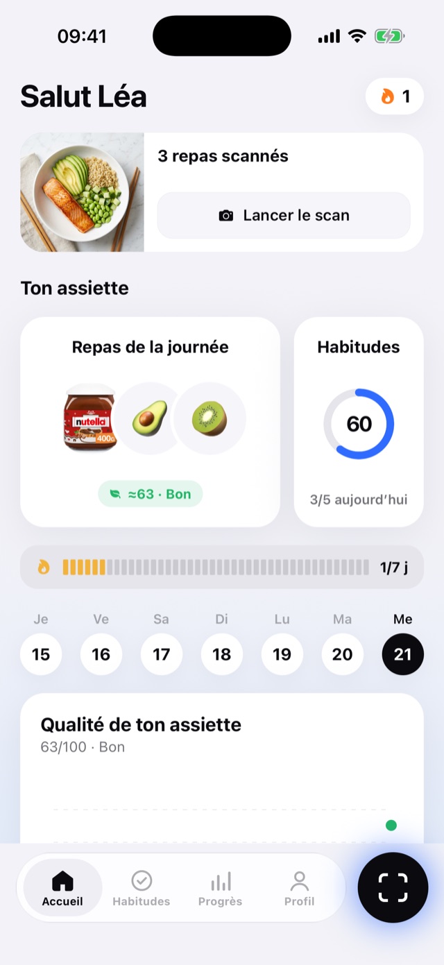 L’accueil de l’app avec les repas du jour